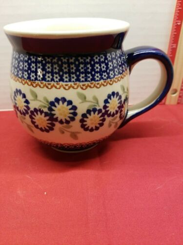 Polish Pottery Potbelly Mug 11 oz  Peacock Coffee / Tea BOLESLAWIEC
