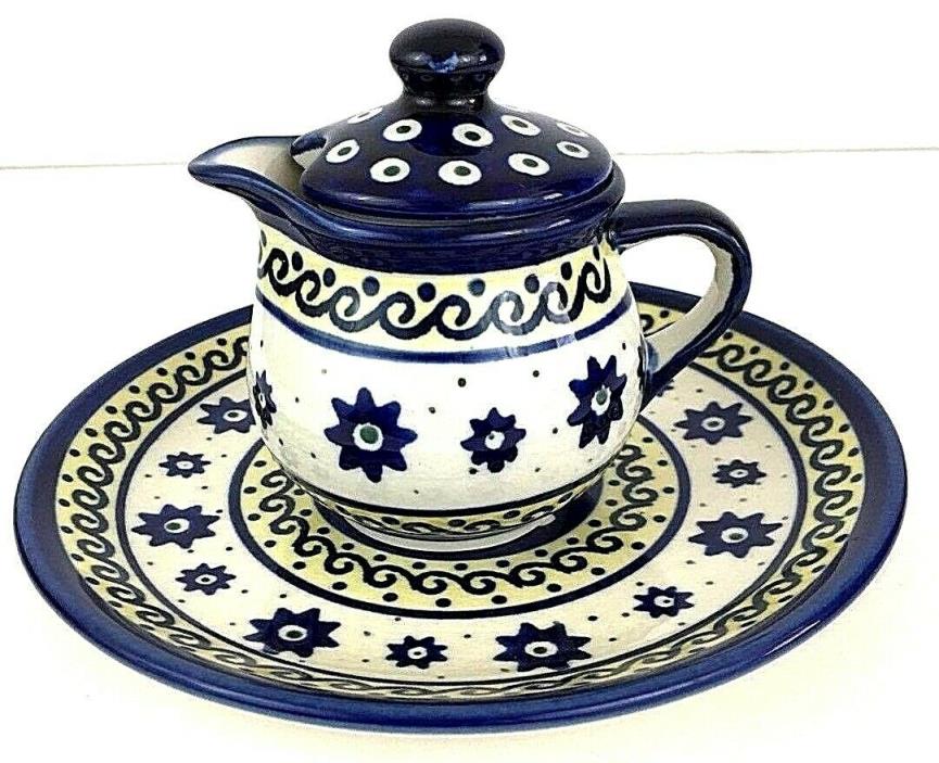 Creamer Lid & Plate Handmade in Poland Blue/Yellow/White Design Boleslawiec