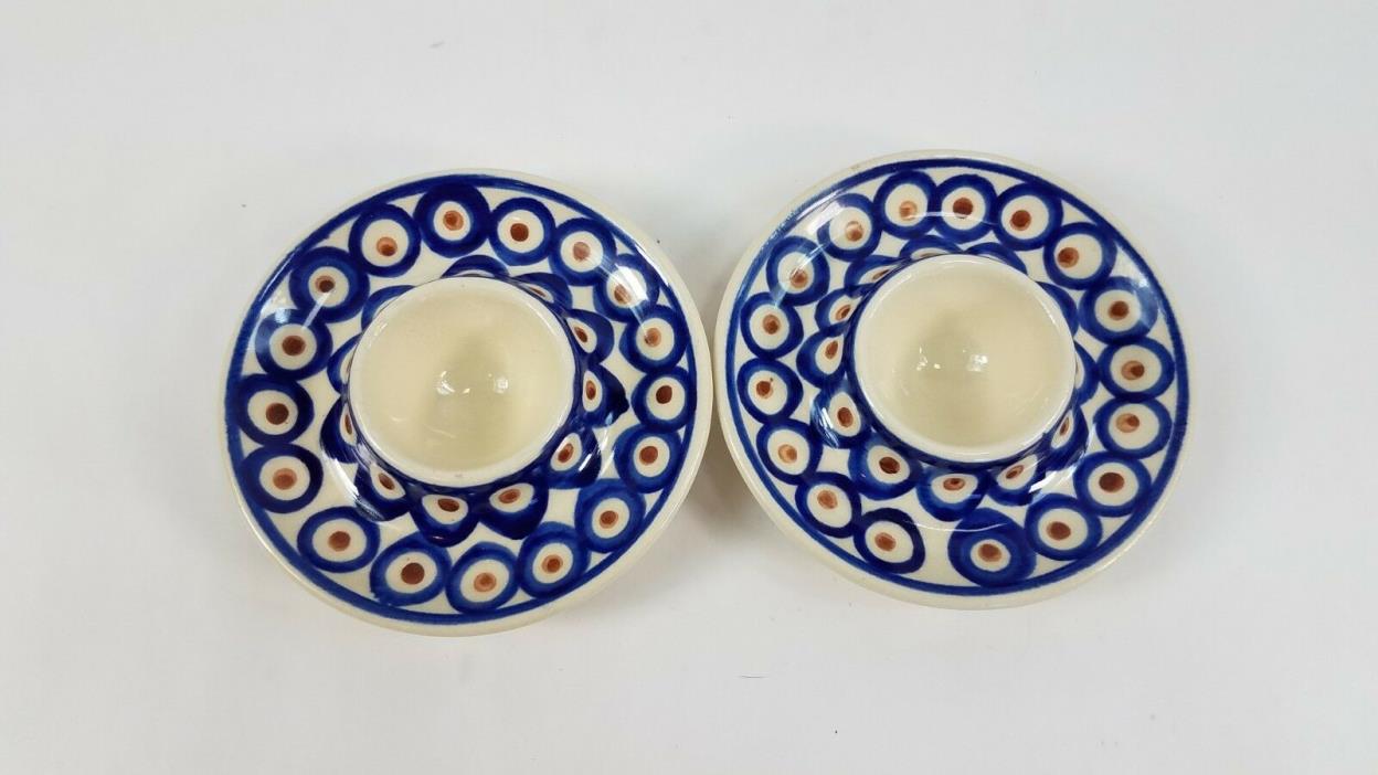 TWO Boleslawiec Polish Pottery Blue White Soft Egg Cup Dish Plate Holder