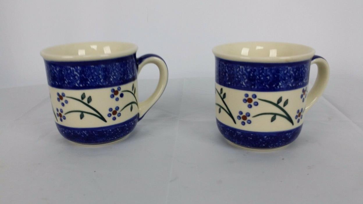 2 Boleslawiec Wiza Ceramica Polish Pottery Blue Handmade Coffee Cups Floral