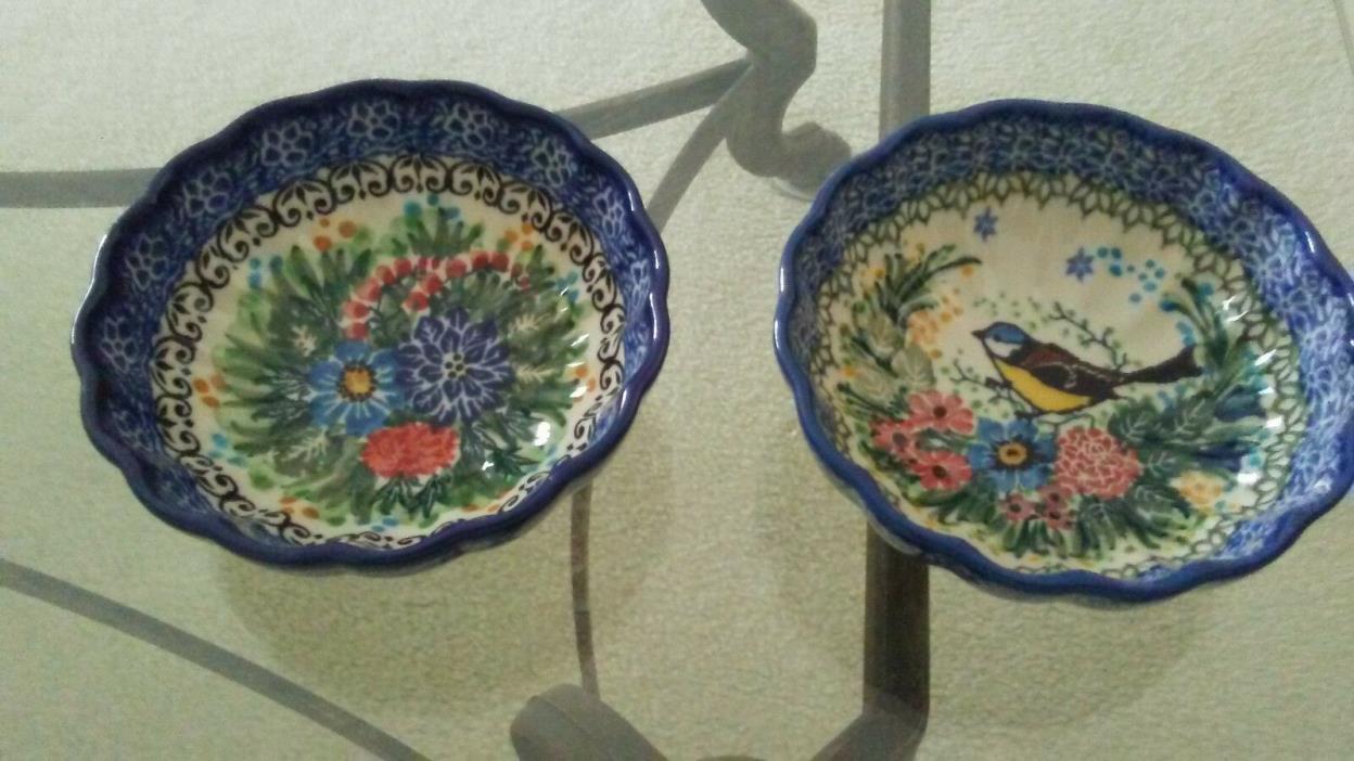 Polish Stoneware Set 2 Small Bowls Bird Flowers
