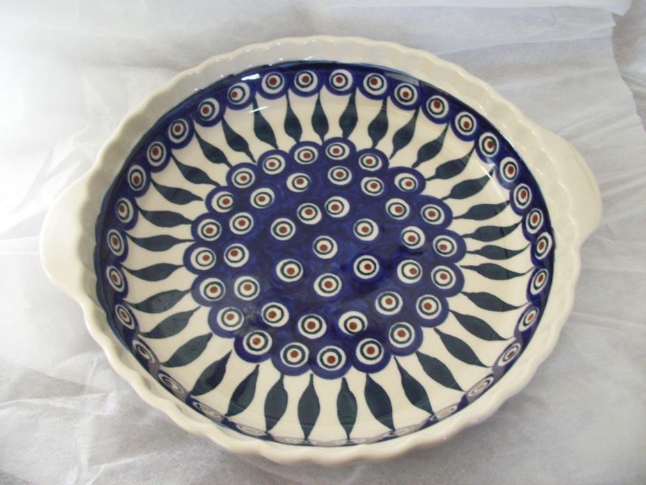 Boleslawiec Polish Pottery Hand Made Zaklady Peacock Fluted Pie Baking Dish