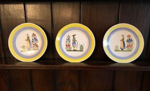 Vintage Henriot Quimper French pottery set of three small 7 1/2 plates MAN/WOMAN