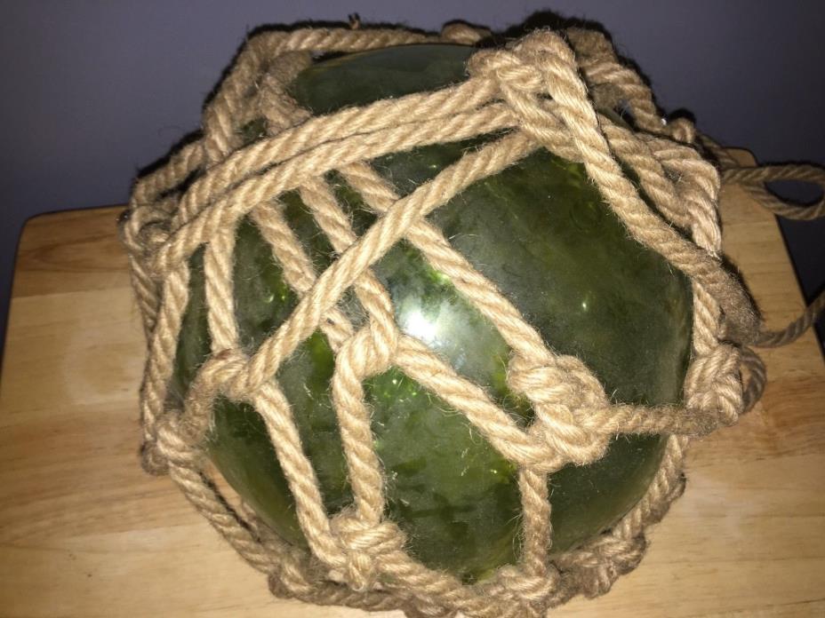 Green Glass  Hand Blown Japanese Fishing Float with Netting
