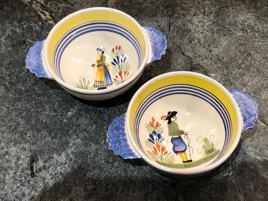 Vintage Henriot Quimper France pottery handled porringer bowl cereal bowl
