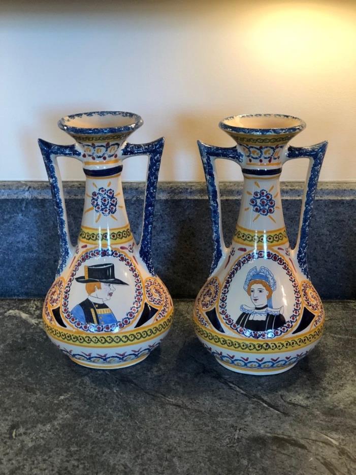Antique Faience French Henriot Corbeille Quimper 1930 - pair of tall vases rare