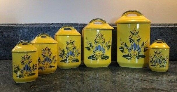 collectible vintage French yellow Soleil Quimper pottery Faience Canister set