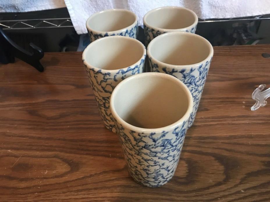 Set of 5 Roseville Stoneware Spongeware 16 oz. Blue Glasses Ohio RR.PC Lot050083