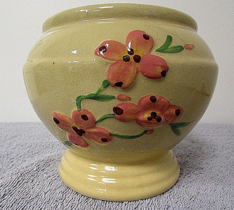 ANTIQUE Ceramic Planter Pot TAN PINK Flowers Original ROBINSON RANSBOTTOM RA96