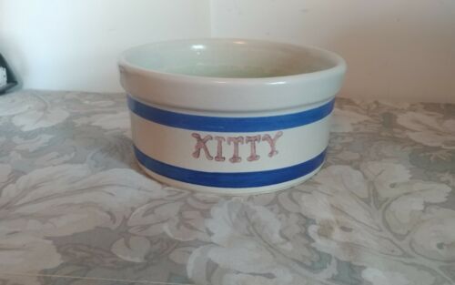 RRP, Roseville, Ohio Stoneware Pottery Dual Blue Bands / Kitty Food Bowl