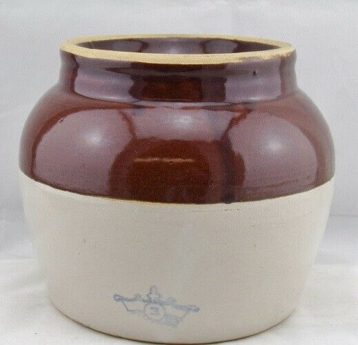 Vintage Robinson Ransbottom Bean Pot Blue Crown 3-Qt Crock w/Laced Handle