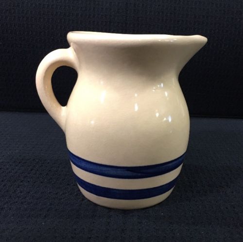 Robinson Ransbottom Pottery 1 Pint Pitcher For Cream/ Syrup Beige W/ Blue Bands