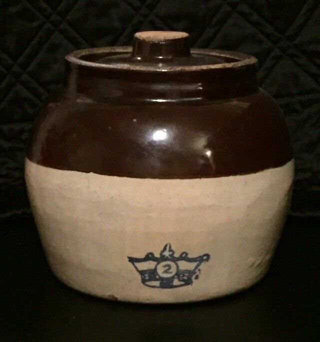 Vtg Robinson Ransbottom Crown Bean Pot 2 w/ Lid Handle Pre 40s Decorative Crock