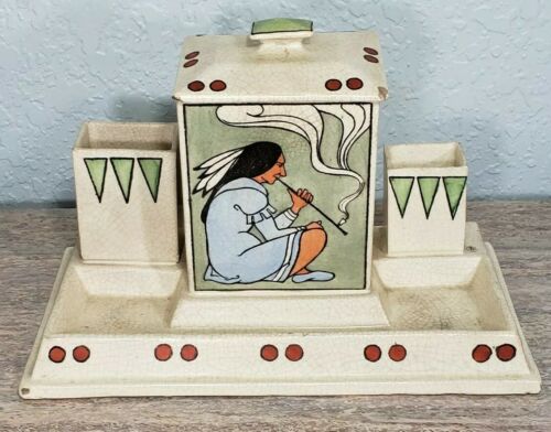 Rare Early 1900's Roseville Creamware Pottery Smoker Set Native American Indian