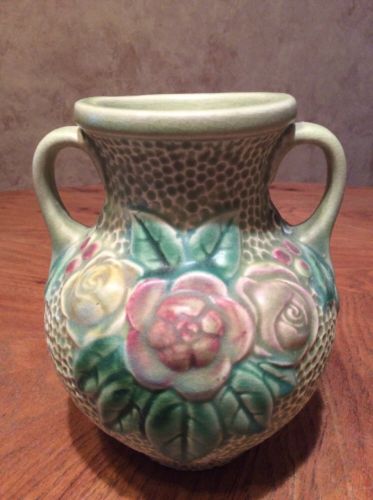 Roseville Rozane Pottery Vase. Dimpled Background. Roses. Green
