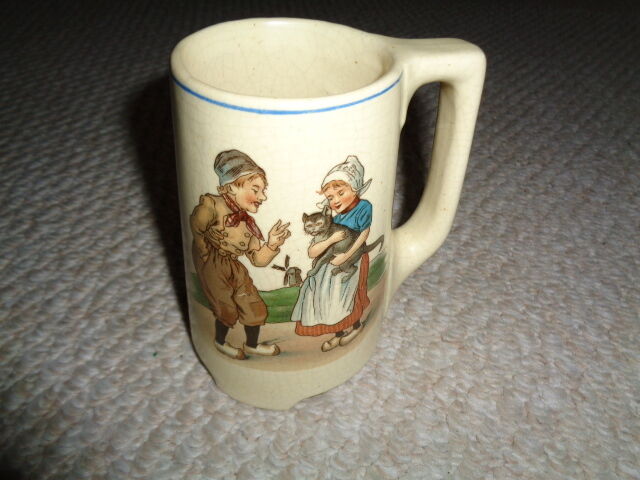 Roseville 1930's childs pottery mug tankard Dutch children black cat fishing
