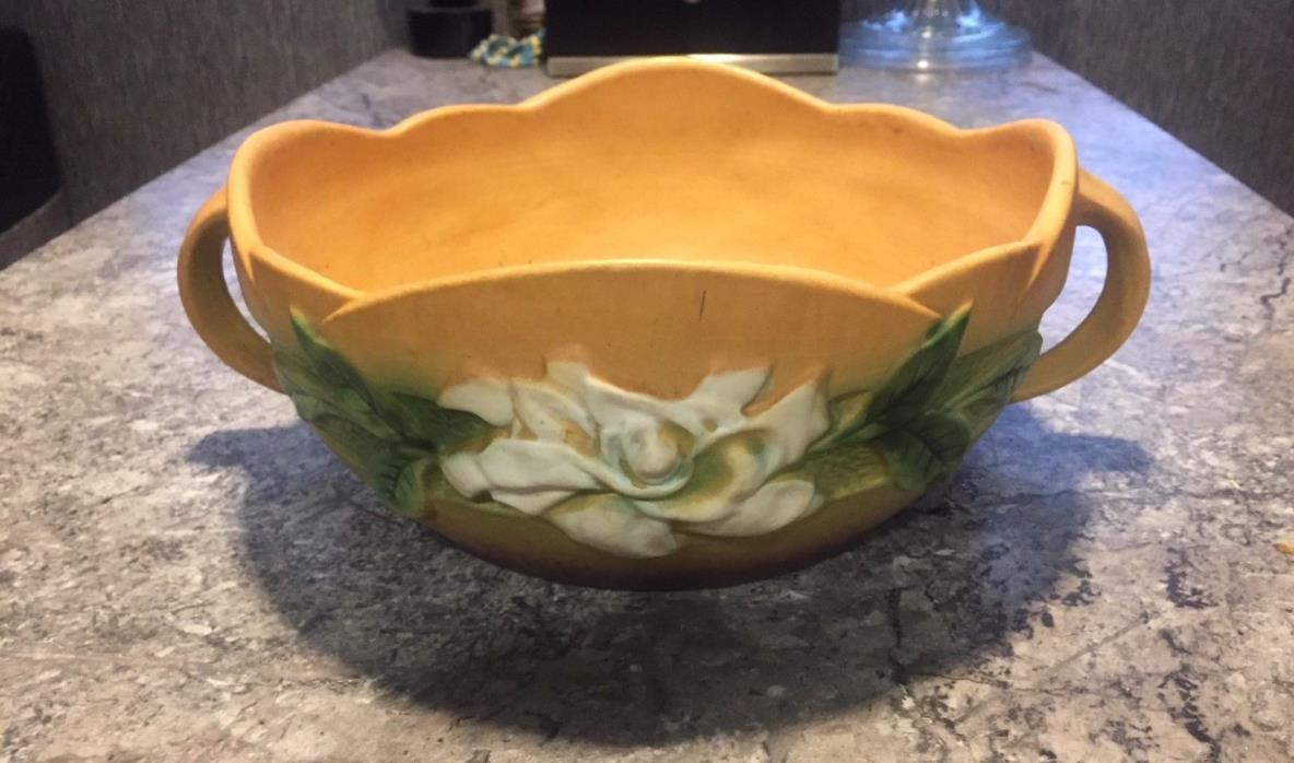 Vintage Roseville Pottery Bowl Gardenia Blossom 627-8 Brown Double Handle