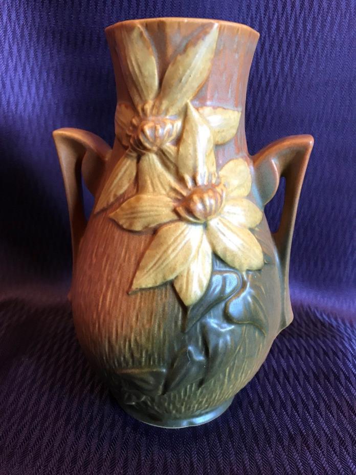 Vintage Roseville Art Pottery Vase Clematis Brown, Green & Yellow 108-8