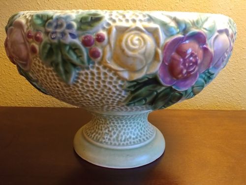 RARE Green Vintage Roseville Rozane Pottery Floral Compote Vase Urn