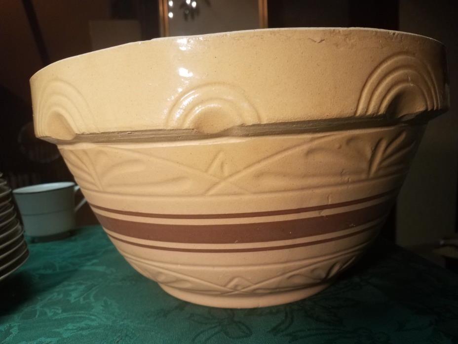 HUGE 14 INCH Vintage RRP Co Roseville Ohio Pottery Brown Stripe Mixing Bowl
