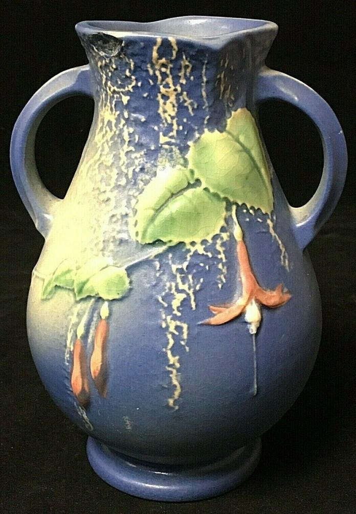 Vintage Roseville Fuschia Blue Double Handle Decorative Vase Art Pottery 895-7