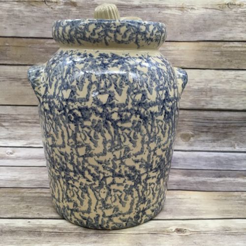 R.R.P. CO. Roseville Pottery Blue Spongeware 4 QT Canister 10.5