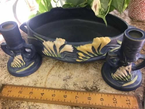 Three pc. Vintage ROSEVILLE  Freesia candle HOLDERS  AND  matching Bowl! Set!