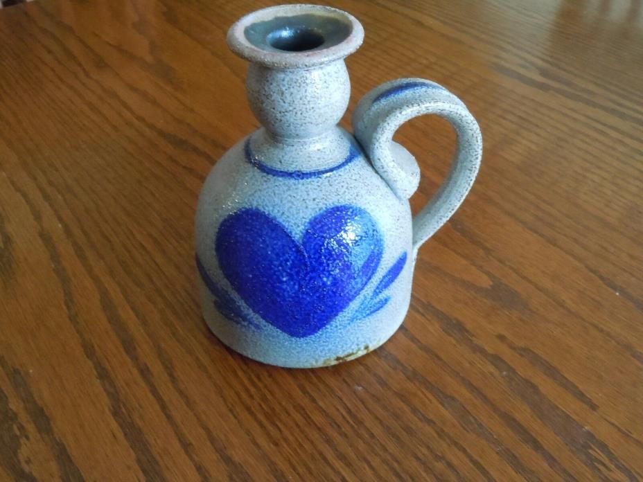 Vtg 1983 Rowe Pottery Works Oil Lamp Salt Glazed Primitive Cobalt Blue Heart