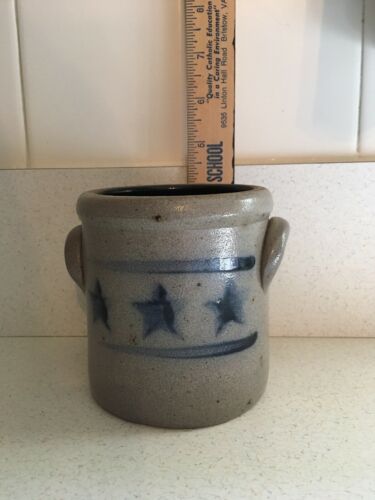 4” Rowe Pottery Salt Glaze Handled Crock with 3 Cobalt Stars, 1995 Nice!
