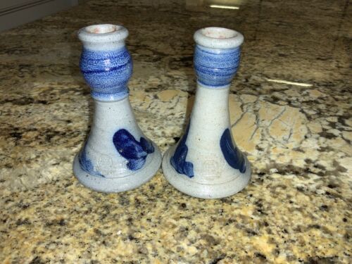 Rowe Pottery Salt Glaze Gray Blue Candle Stick Holders 1988