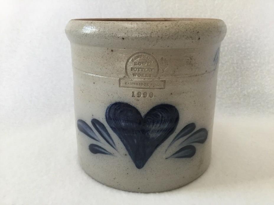 1990 Rowe Pottery Works Salt Glaze Stoneware Crock~Cobalt Blue Heart Design