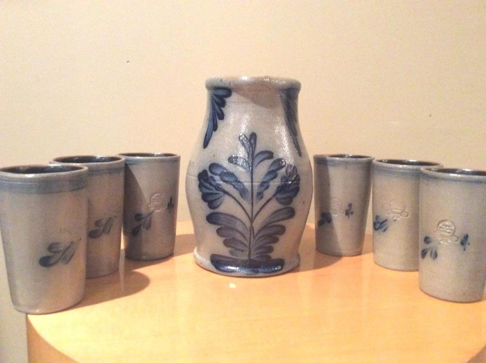 Large Rowe Pottery Works Blue Flower Pitcher and Set of 6 Tumblers Salt Glazed