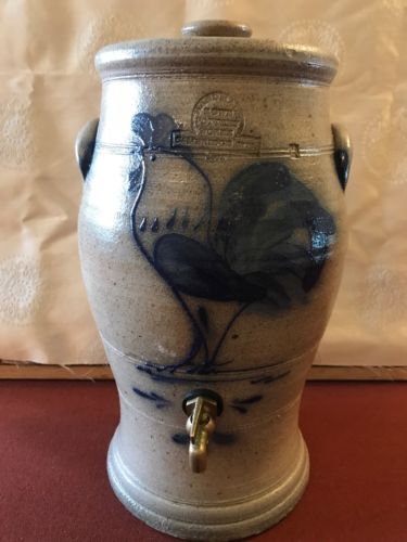RARE ROWE Pottery WI  Blue Rooster Salt Glazed Stoneware Water Crock Dispenser