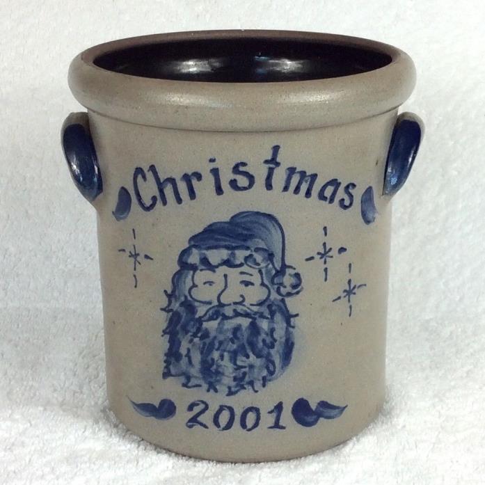 Rowe Pottery 2001 Christmas Crock Salt Glaze Santa Vase Utensil Holder Blue Grey