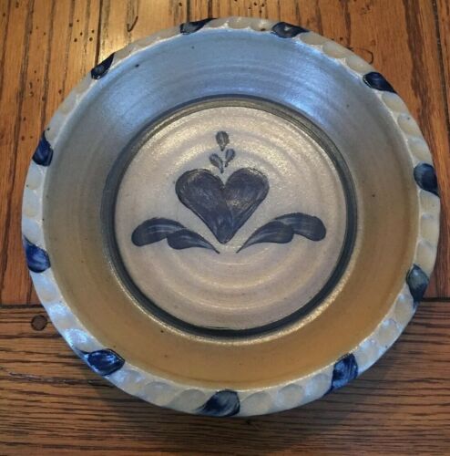 Vintage Rowe Pottery Works Stoneware Blue Salt Glaze Heart Pie Plate Dish 1988