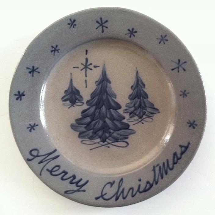 Rowe Pottery Works Merry Christmas Tree Plate Blue Farmhouse Rustic Home Decor