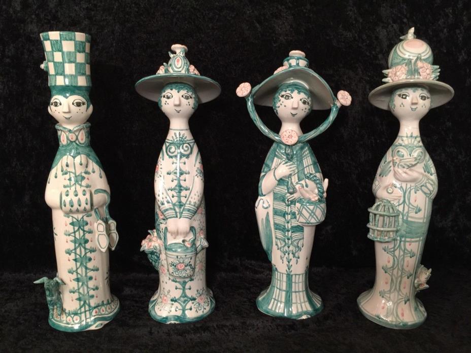Vintage BJORN WIINBLAD Rare Green & Pink Full Set FOUR SEASONS Ceramic Figurines