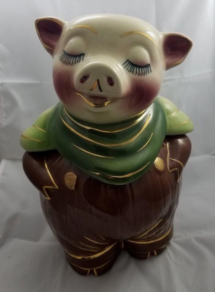 RARE SHAWNEE SMILEY BANK HEAD COOKIE JAR  WITH GOLD TRIM BROWN WITH GREEN SCARF