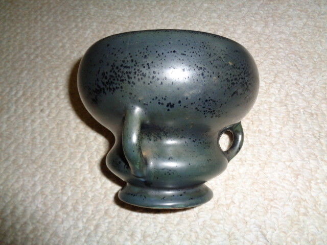 1960's black art deco flower pot three lower attached handles thick mold shiny