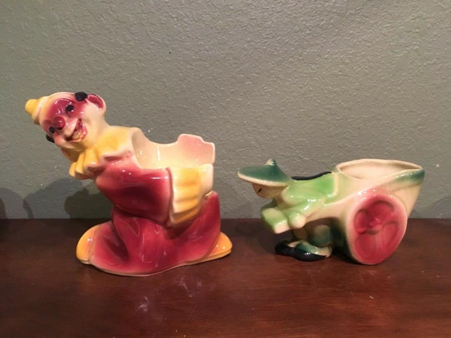 (Pair) Shawnee Pottery Planters - Jo Jo the Clown #619 & 'Coolie with Cart' #539