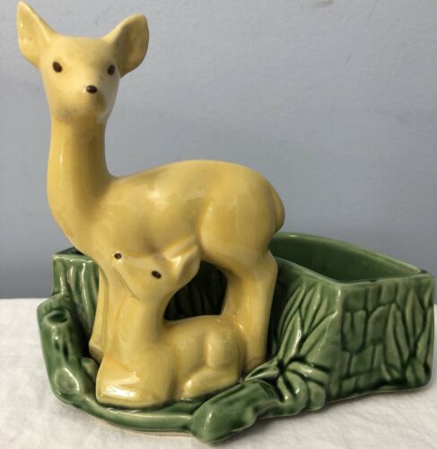 Vintage USA Shawnee Art Pottery Yellow DEER PLANTER 669 Doe and Fawn MCM