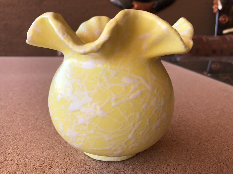 Shawnee Vase Yellow Ruffled Rim Spatter Cobweb Art Pottery USA Vintage VTG Retro