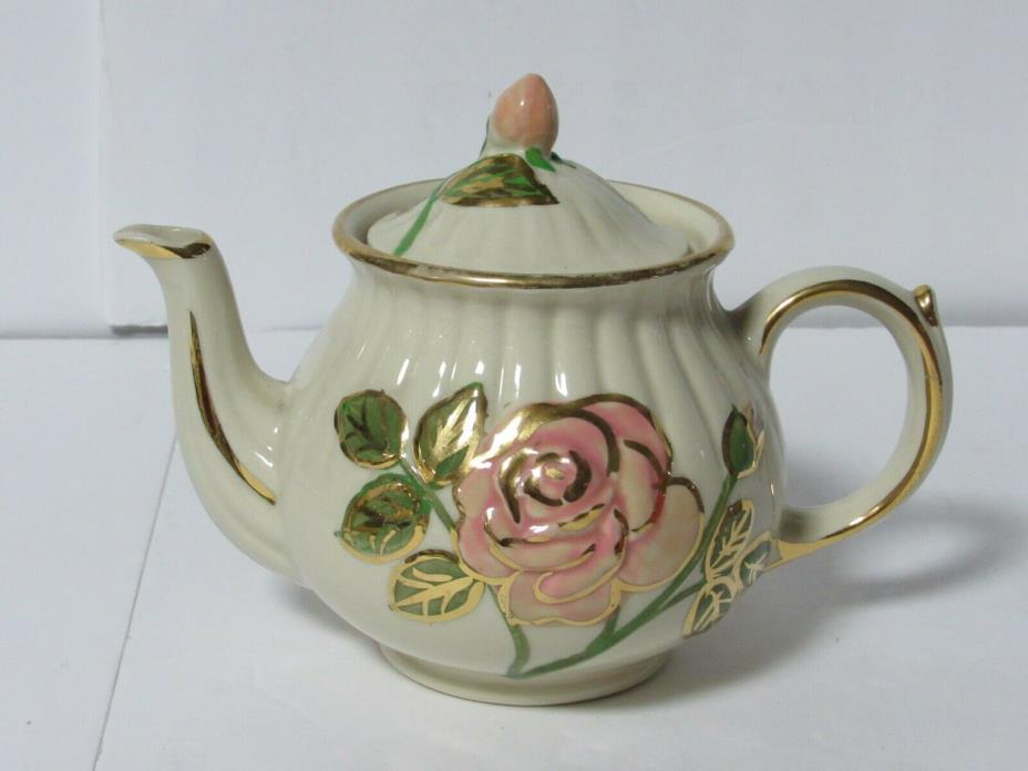 Vintage Shawnee Pottery Embossed Pink Floral Teapot Gold Trim - USA