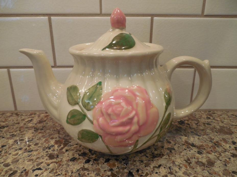 TEAPOT SHAWNEE POTTERY EMBOSSED ROSE  FLOWERS RUSTIC PRIMITIVE COTTAGE CHIC