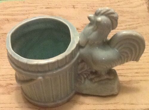 Vintage Aqua Pottery Rooster Pail Bucket Planter Trinket Holder Memory Catcher