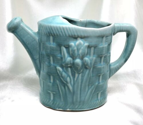 Vintage Shawnee USA Marked Glazed Pottery Aqua Watering Can Basket Weave Iris