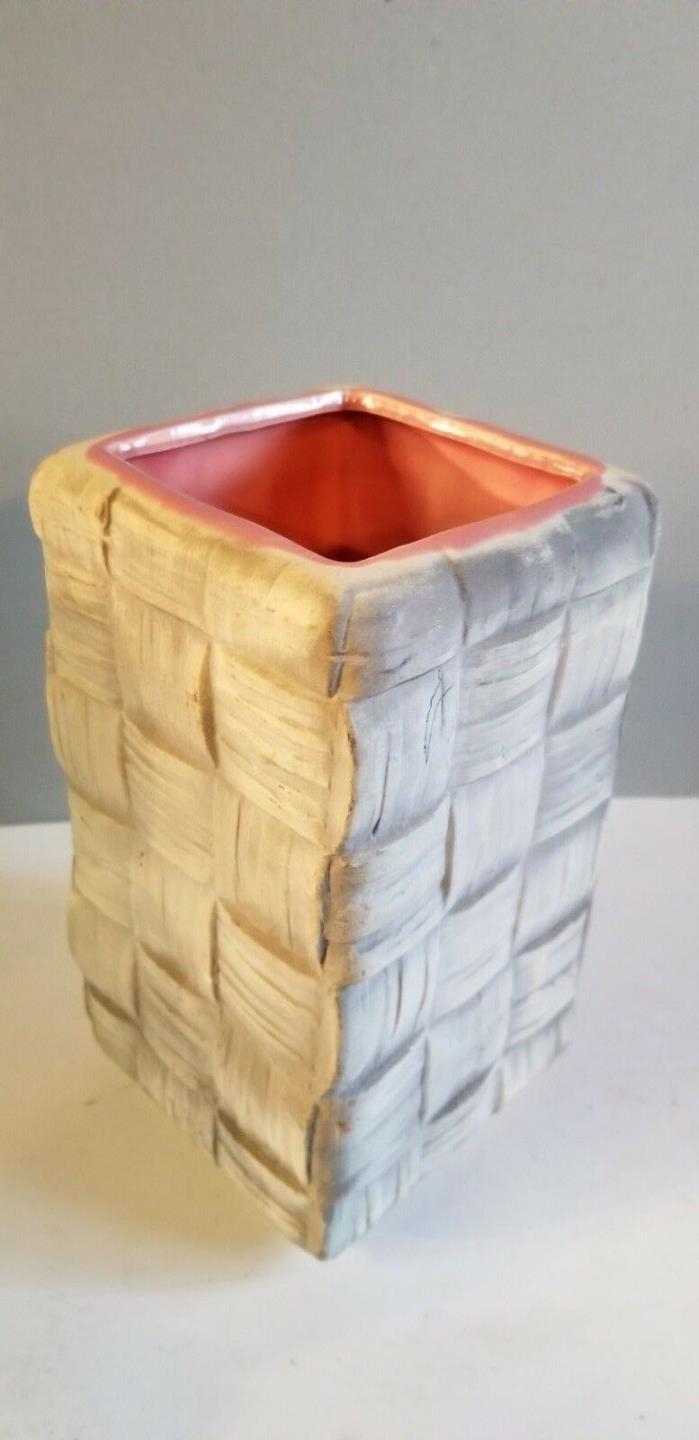 Vintage Shawnee Pottery Vase # 842 Gray Basket Weave w/ Pink Glaze Inside 7.25
