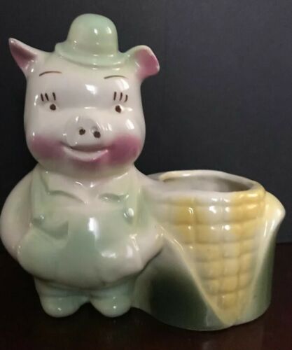 Vintage Shawnee Art Pottery Pig Farmer Corn Cob Husk Planter