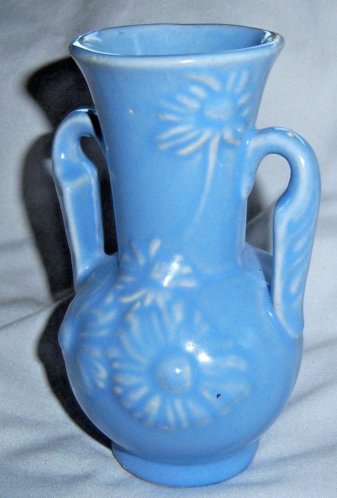 1940 Shawnee Blue Embossed Double Handle Bud Vase