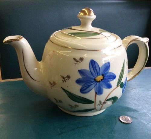 Shawnee Pottery Vintage Hand Painted Blue Floral Teapot w/ Gold Gilt Trim & Lid